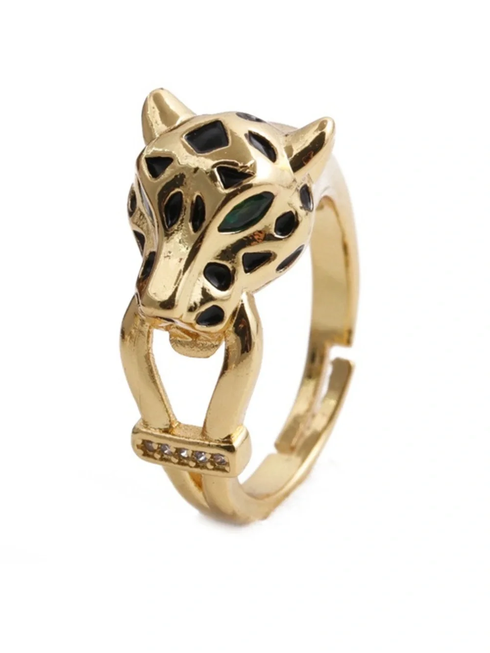 Gold Cat Head Statement Adjustable Ring with Black Enamel Accents